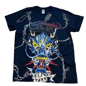 Vintage Y2K Christian Audigier Ed Hardy Japanese Dragon AOP Grunge Black T Shirt